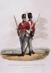 Colnaghi und Cによって出版されたJCスタドラーによって刻まれた「最後の規則1812によると大英帝国の陸軍の衣装」からの最初の軍の部隊の民間人